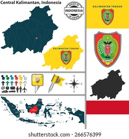 Vector map of region Central Kalimantan with coat of arms and location on Indonesian map