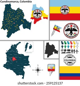 Vector map of region of Cundinamarca with coat of arms and location on Colombian map