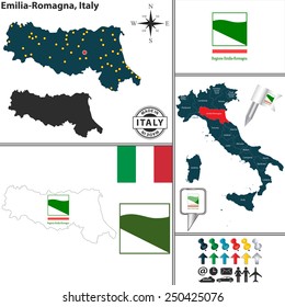 Vector map of region Emilia-Romagna with coat of arms and location on Italy map
