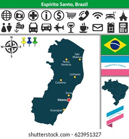 Vector map of region of Espirito Santo with flags and location on Brazilian map