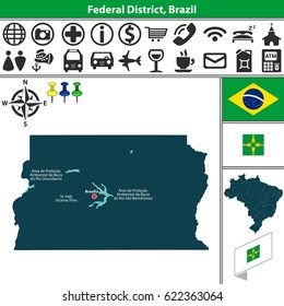 Vector map of region of Federal District with flags and location on Brazilian map. Map contains environmental protection areas - areas de protecao ambiental