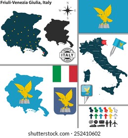 Vector map of region Friuli-Venezia Giulia with coat of arms and location on Italy map