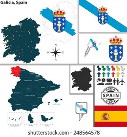 Vector map of region of Galicia with coat of arms and location on Spanish map