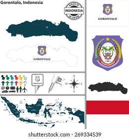 Vector map of region Gorontalo with coat of arms and location on Indonesian map