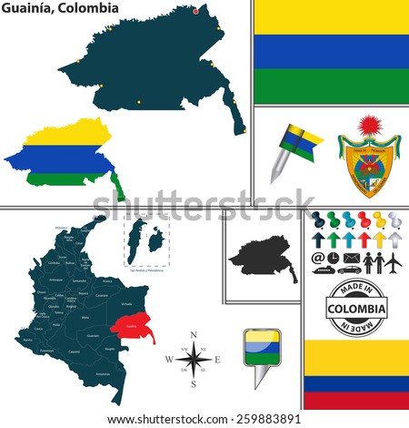 Vector map of region of Guainia with coat of arms and location on Colombian map