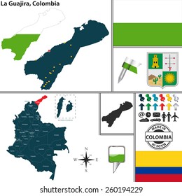 Vector map of region of La Guajira with coat of arms and location on Colombian map
