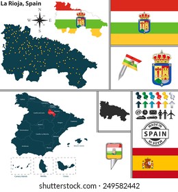 Vector map of region of La Rioja with coat of arms and location on Spanish map