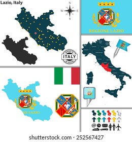 Vector map of region Lazio with coat of arms and location on Italy map