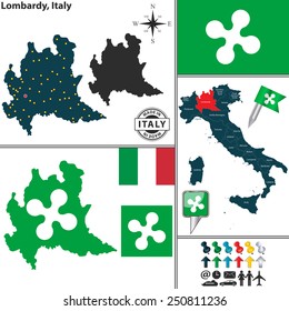 Vector map of region Lombardy with coat of arms and location on Italy map