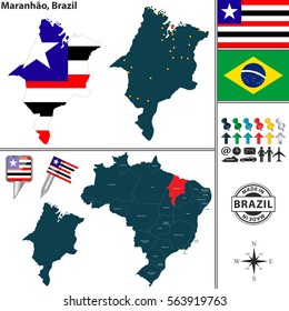 Vector map of region of Maranhao with flags and location on Brazilian map