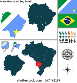 Vector map of region of Mato Grosso do Sul with flags and location on Brazilian map