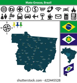 Vector map of region of Mato Grosso with flags and location on Brazilian map