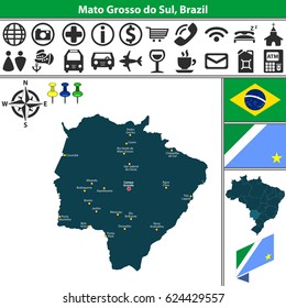 Vector map of region of Mato Grosso do Sul with flags and location on Brazilian map