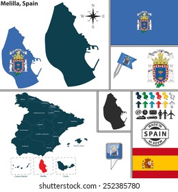 Vector map of region of Melilla with coat of arms and location on Spanish map