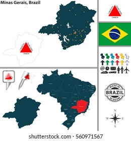 Vector map of region of Minas Gerais with flags and location on Brazilian map
