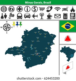 Vector map of region of Minas Gerais with flags and location on Brazilian map