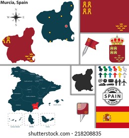 Vector map of region of Murcia with coat of arms and location on Spanish map