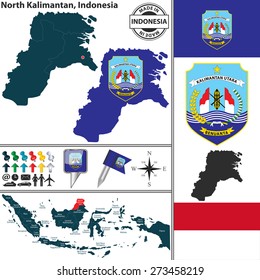 Vector map of region North Kalimantan with coat of arms and location on Indonesian map
