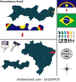 Vector map of region of Pernambuco with flags and location on Brazilian map