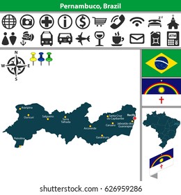 Vector map of region of Pernambuco with flags and location on Brazilian map