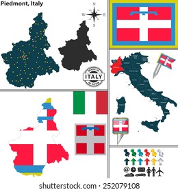 Vector map of region Piedmont with coat of arms and location on Italy map