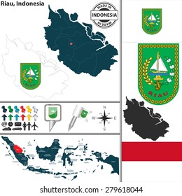 Vector map of region Riau with coat of arms and location on Indonesian map
