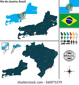 Vector map of region of Rio de Janeiro with flags and location on Brazilian map