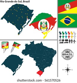 Vector map of region of Rio Grande do Sul with flags and location on Brazilian map