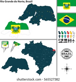 Vector map of region of Rio Grande do Norte with flags and location on Brazilian map