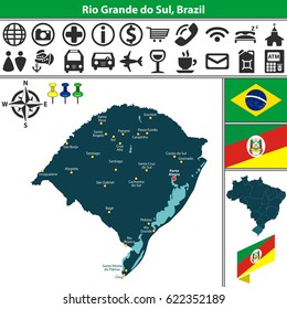 Vector map of region of Rio Grande do Sul with flags and location on Brazilian map