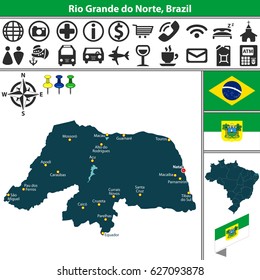 Vector map of region of Rio Grande do Norte with flags and location on Brazilian map