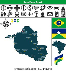 Vector map of region of Rondonia with flags and location on Brazilian map