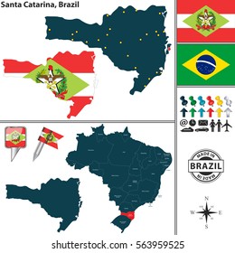 Vector map of region of Santa Catarina with flags and location on Brazilian map