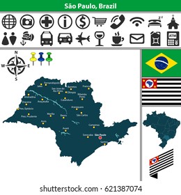 Vector map of region of Sao Paulo with flags and location on Brazilian map