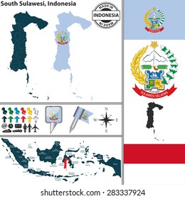 Vector map of region South Sulawesi with coat of arms and location on Indonesian map