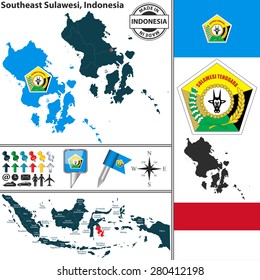 Vector map of region Southeast Sulawesi with coat of arms and location on Indonesian map