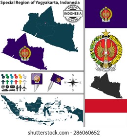 Mapa de Vector de la región Región Especial de Yogyakarta con escudo de armas y ubicación en el mapa de Indonesia