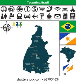 Vector map of region of Tocantins with flags and location on Brazilian map
