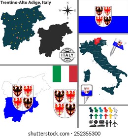 Vector map of region Trentino-Alto Adige with coat of arms and location on Italy map