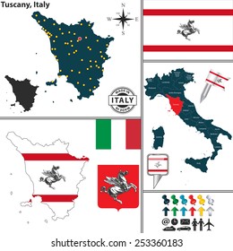 Vector map of region Tuscany with coat of arms and location on Italy map