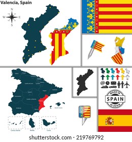 Vector map of region of Valencia with coat of arms and location on Spanish map