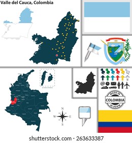 Vector map of region of Valle del Cauca with coat of arms and location on Colombian map