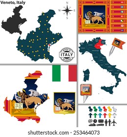 Vector map of region Veneto with coat of arms and location on Italy map