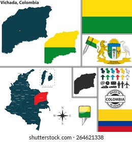 Vector map of region of Vichada with coat of arms and location on Colombian map