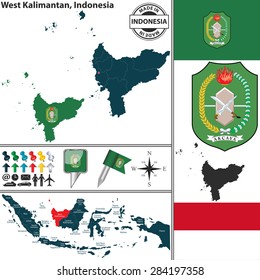 Vector map of region West Kalimantan with coat of arms and location on Indonesian map