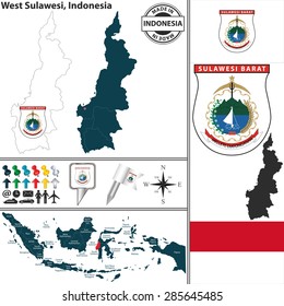Vector map of region West Sulawesi with coat of arms and location on Indonesian map