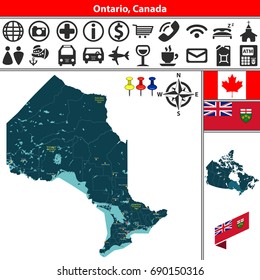 Vector Map Of Regions Of Ontario (Canada) With Lakes, Cities And Travel Icons.