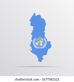 Mapa vectorial de la República de Albania combinado con la bandera de la Organización Mundial de la Salud (OMS).