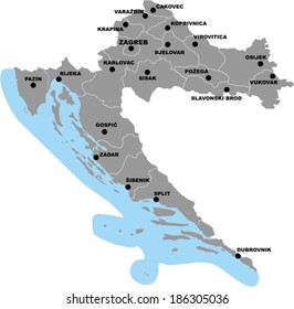 Vector map of the republic of Croatia with larger cities