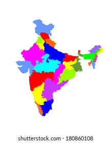 Vector map of the Republic of India with the states colored in bright colors.India vector map, high detailed illustration, isolated on white background. 